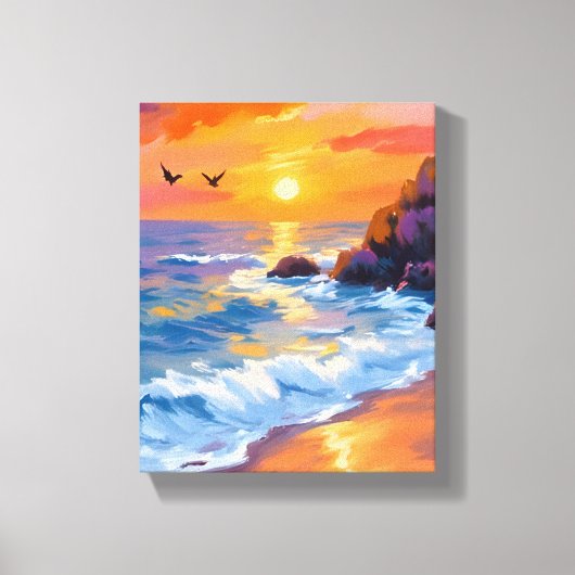 オレンジ ビーチの夕日 | 海岸の絵画 キャンバスプリント (正面)