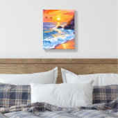 オレンジ ビーチの夕日 | 海岸の絵画 キャンバスプリント (インサイチュ (寝室))