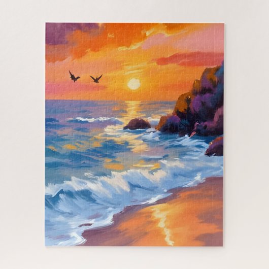 オレンジ ビーチの夕日 | 海岸の絵画 ジグソーパズル (縦)