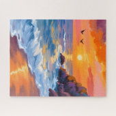 オレンジ ビーチの夕日 | 海岸の絵画 ジグソーパズル (横)