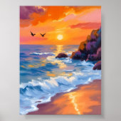 オレンジ ビーチの夕日 | 海岸の絵画 ポスター (正面)