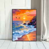 オレンジ ビーチの夕日 | 海岸の絵画 ポスター