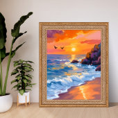 オレンジ ビーチの夕日 | 海岸の絵画 ポスター