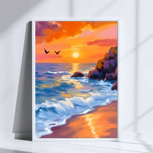 オレンジ ビーチの夕日 | 海岸の絵画 ポスター