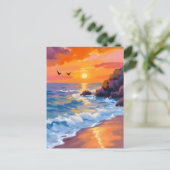 オレンジ ビーチの夕焼け | 海岸の絵画 ポストカード (スタンド正面)