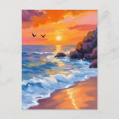 オレンジ ビーチの夕焼け | 海岸の絵画 ポストカード (正面)