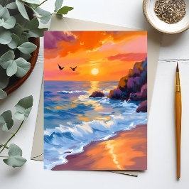 オレンジ ビーチの夕焼け | 海岸の絵画 ポストカード