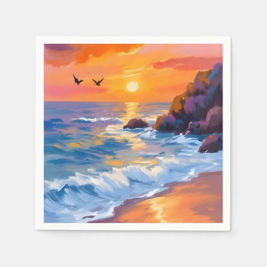 オレンジ・ビーチ・サンセット | 海岸の絵画 スタンダードカクテルナプキン (正面)