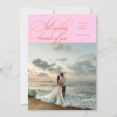 オレンジ＋ピンクのエレガントな結婚式フォト サンキューカード (正面)