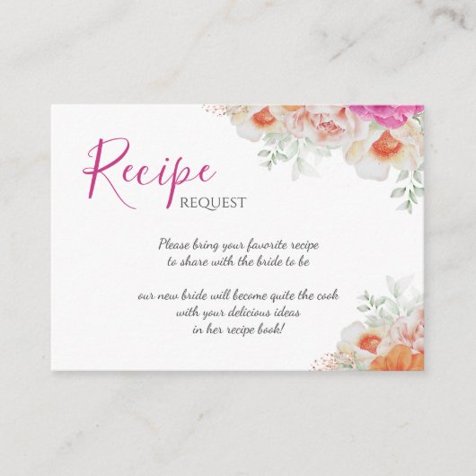 オレンジ＆ピンクの花のブライダルシャワー レシピリクエスト エンクロージャーカード (正面)