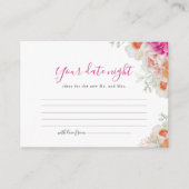 オレンジ＆ピンクの花のプリンセスシャワー デートナイトアイデア エンクロージャーカード (正面)