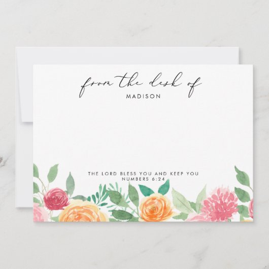 オレンジ & ピンクの花柄パーソナライズ聖書箇所 ノートカード (正面)