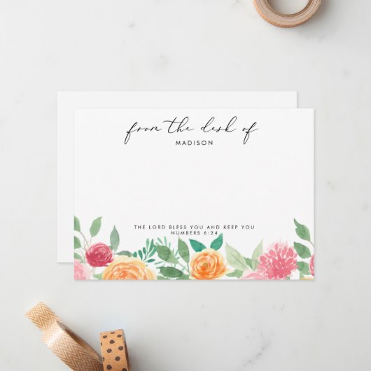 オレンジ & ピンクの花柄パーソナライズ聖書箇所 ノートカード (正面/裏面インサイチュ)