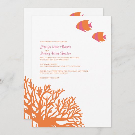 オレンジ&ピンクトロピカルサンゴ結婚式招待状 招待状 (正面/裏面)