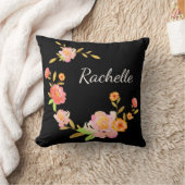オレンジ&ピンクフローラカスタムモノグラム枕 クッション (ブランケット)