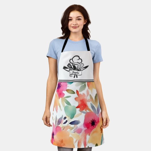 オレンジ&ピンクフローラパーソナライズされたエプロン エプロン (着用した状態)