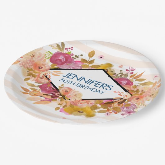 オレンジ&ピンクフローラブーケ誕生日 ペーパープレート (アングル)