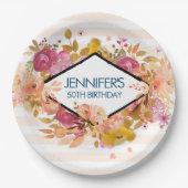オレンジ&ピンクフローラブーケ誕生日 ペーパープレート (正面)