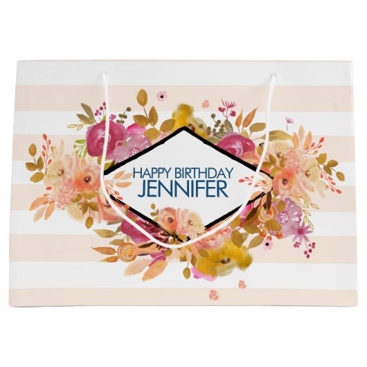 オレンジ&ピンクフローラブーケ誕生日 ラージペーパーバッグ (正面)