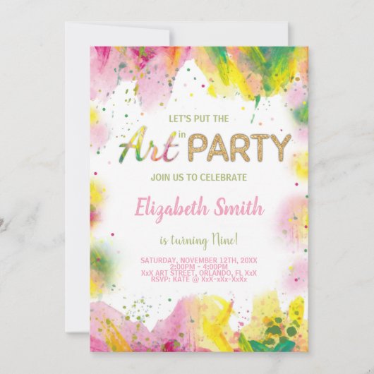 オレンジ&ピンク絵を描誕生日招待状 招待状 (正面)