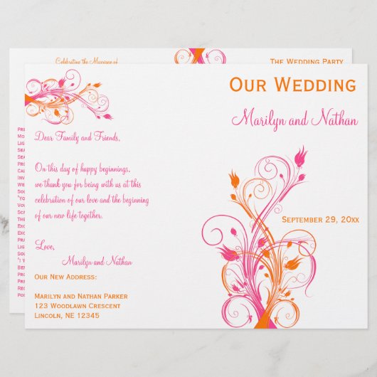 オレンジ、ピンク、および白のフローラ結婚式 プログラム (正面/裏面)