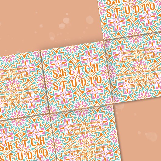 オレンジ ピンク グリーン タイル レインボー エンボス スクエア名刺