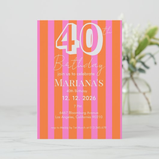 オレンジ ピンク ストライプ モダン 40歳の誕生日 招待状 (スタンド正面)