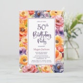 オレンジ ピンク フラワーの50歳の誕生日パーティー 招待状 (スタンド正面)