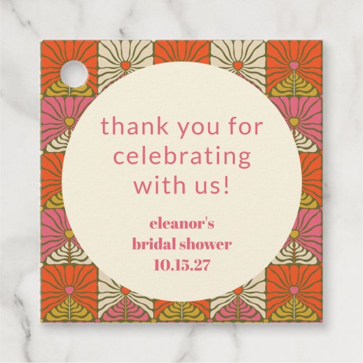 オレンジ ピンク フラワーブライダルシャワー カスタム サンクス フェイバータグ (正面)