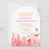 オレンジ ピンク レッド ラスティック ヴィンテージ ラブ バード 招待状 (正面)