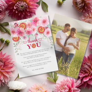 オレンジ ピンク 水彩 花 赤ちゃん歓迎会 サンキューカード