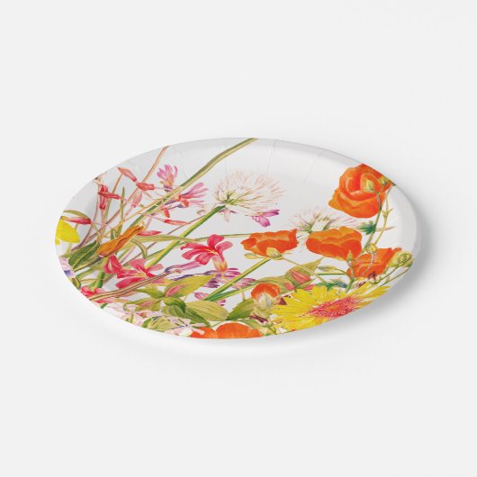 オレンジ、ピンク、黄色の花模様 ペーパープレート (アングル)