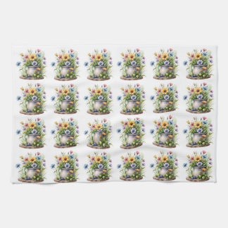 オレンジ、ピンク、黄色、青の花柄 キッチンタオル