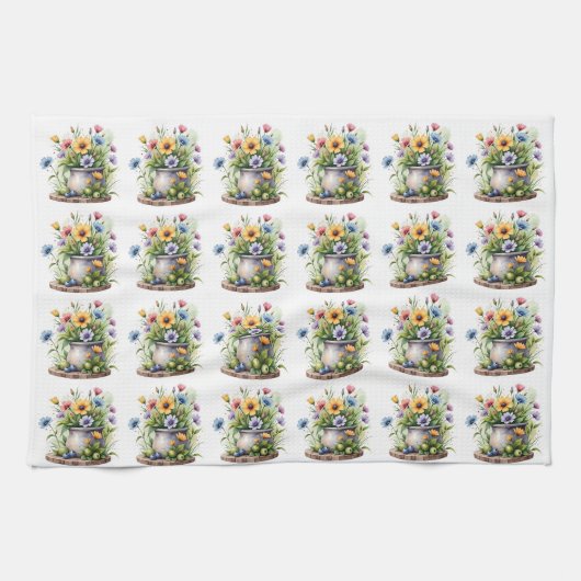 オレンジ、ピンク、黄色、青の花柄 キッチンタオル (横)