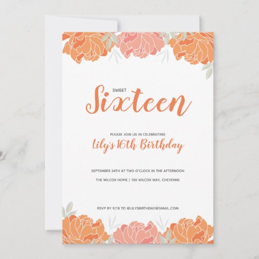 オレンジ&ピーチピーニーズスウィート16バースデーパーティー 招待状 (正面)