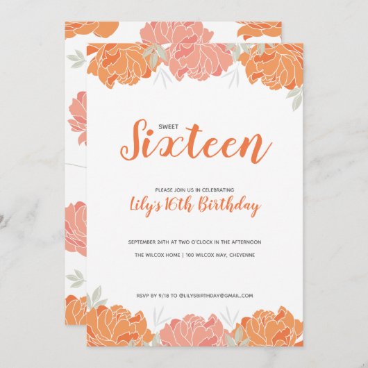 オレンジ&ピーチピーニーズスウィート16バースデーパーティー 招待状 (正面/裏面)