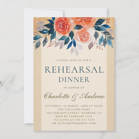 オレンジ フラワール ウォーターカラー エレガント リハーサル ディナー 招待状 (正面)