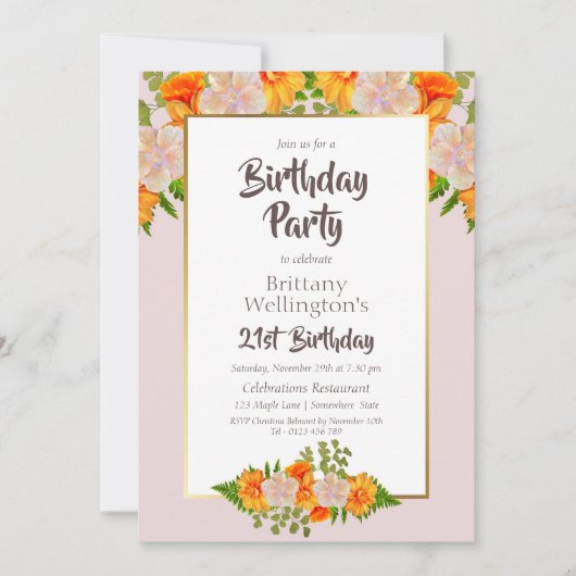 オレンジ フラワー ピンク 21歳の誕生日パーティー 招待状 (正面)