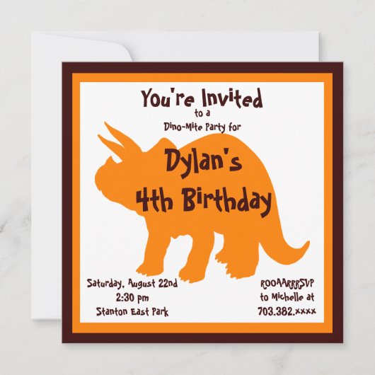 オレンジ＆ブラウンの恐竜の誕生日パーティー招待状 招待状 (正面)