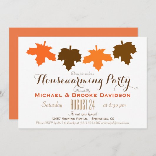 オレンジ&ブラウン紅葉引っ越し祝いパーティーパーティー 招待状 (正面/裏面)