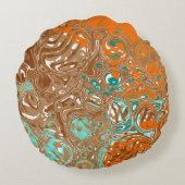 オレンジ、ブラウン、ティール（緑がかった色）、ターコイズ抽象芸術アート ラウンドクッション (裏面)