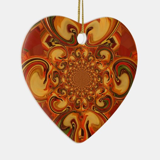 オレンジ、ブラウン、緑の渦巻き模様の色合い セラミックオーナメント (右)