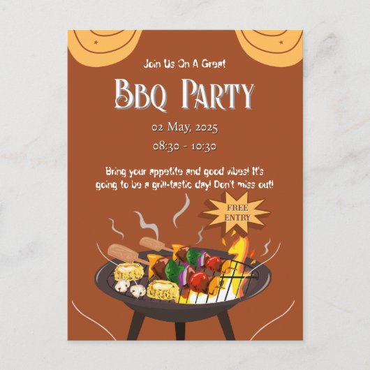 オレンジ ブラウン BBQ パーティー ポストカード ご招待 (正面)