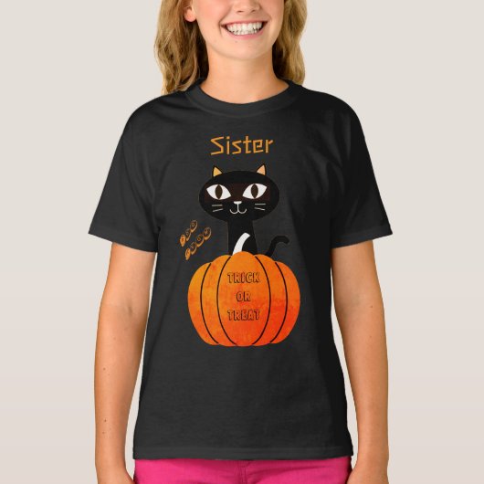 オレンジ&ブラックかわいい猫ガールファミリーハロウィーン Tシャツ (正面)