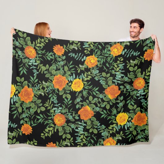 オレンジ&ブラックゴシック牡丹&バラフローラ結婚ズ フリースブランケット (インサイチュ)