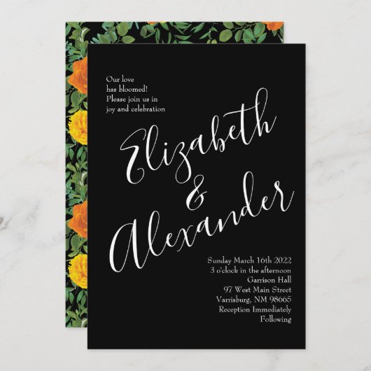 オレンジ&ブラックゴシック牡丹&バラフローラ結婚ズ 招待状 (正面/裏面)