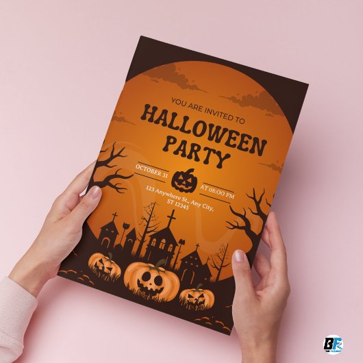 オレンジ&ブラックシンプルハローウィンパーティ 招待状