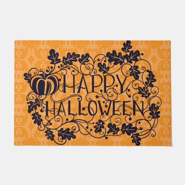 オレンジ&ブラックハッピーハローウィンカボチャつる植物 ドアマット (正面)