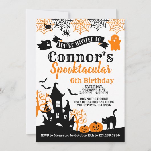 オレンジ&ブラックハロウィーン誕生日 招待状 (正面)