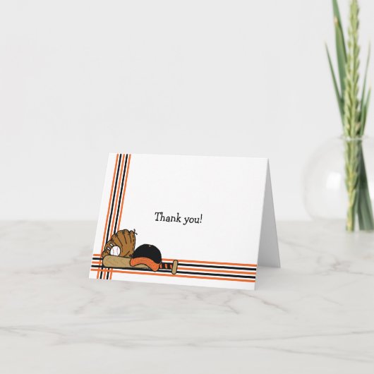 オレンジ&ブラック野球ありがとう、ベビーシャワーを注意 サンキューカード (正面)